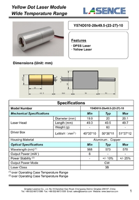 Travaux de construction 574nm laser jaune 8mW 10mW laser DPSS haute stabilité pièces détachées type composant laser