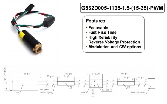 5000 heures de vie Green 532nm Dot Laser 5mW avec un temps de montée rapide et une conception focalisée