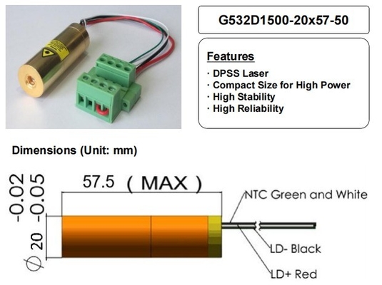 Module laser ACC vert 532 nm de 1500 mW Taille compacte pour les composants laser de haute puissance